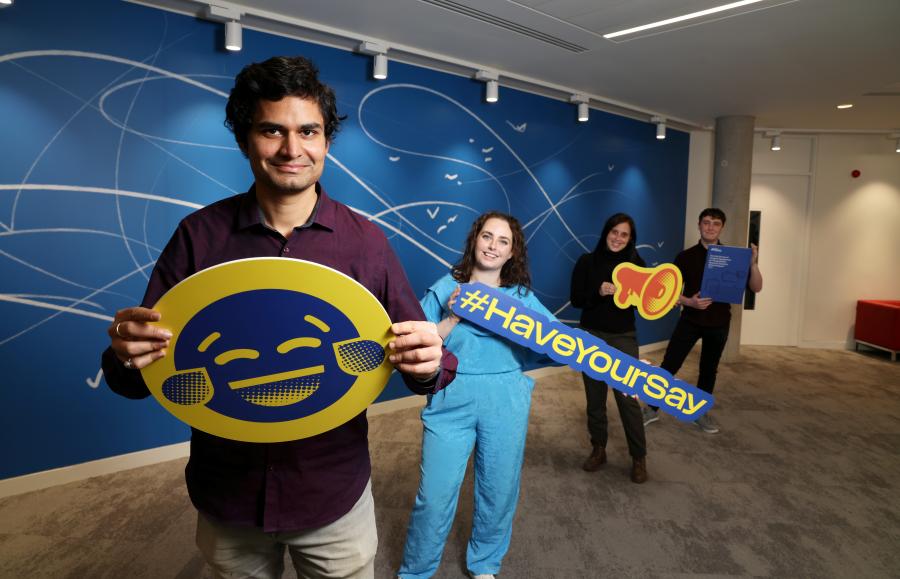 Photograph of PGR students promoting the launch of the PGR StudentSurvey.ie National Report 2021