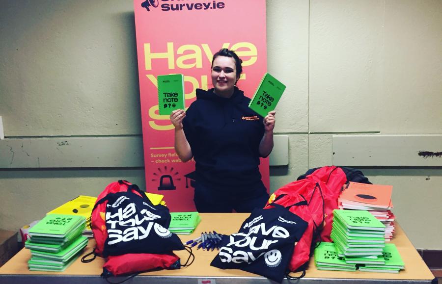 Photograph of student promoting the survey in UCC